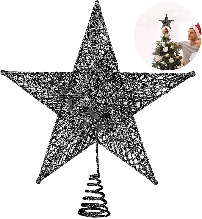 Fovths Christmas Tree Topper 6 Inches Metal Glittered Christmas Tree Topper Wire Star Treetop Sparkle Xmas Decoration for Christmas Tree Ornament Indoor New Year Holiday Party Supplies (Black)