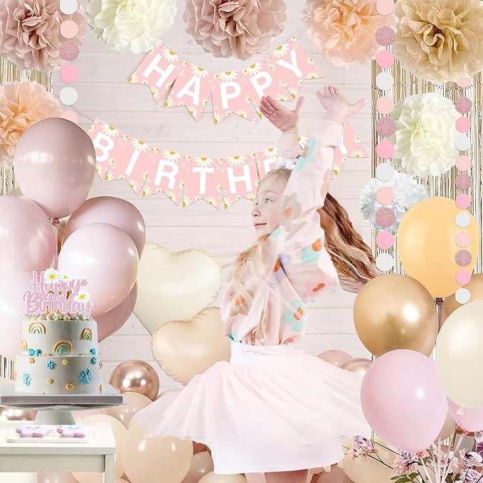 Blush Beige Birthday Decoration for Women Girls with Daisy Flower Happy Banner, Boho Dusty Pink Paper Pom Poms, White Sand Pink Gold Balloons Set And Fringe Curtain, Fall Birthday Theme Party Décor