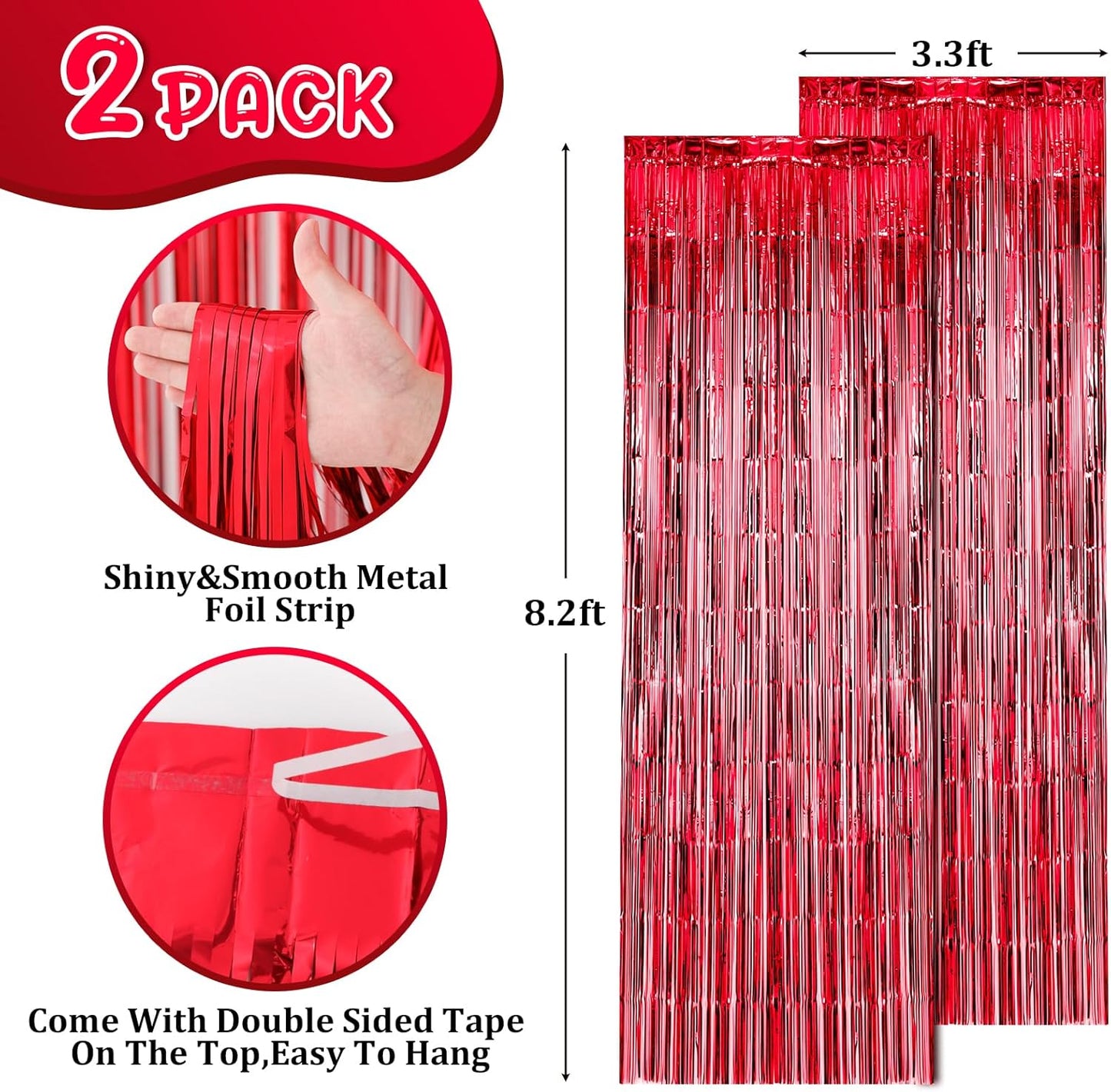 2 Pack Red Foil Fringe Backdrop Curtains, Tinsel Streamers Birthday Party Decorations, Fringe Backdrop for Graduation, Baby Shower, Gender Reveal, Disco Party