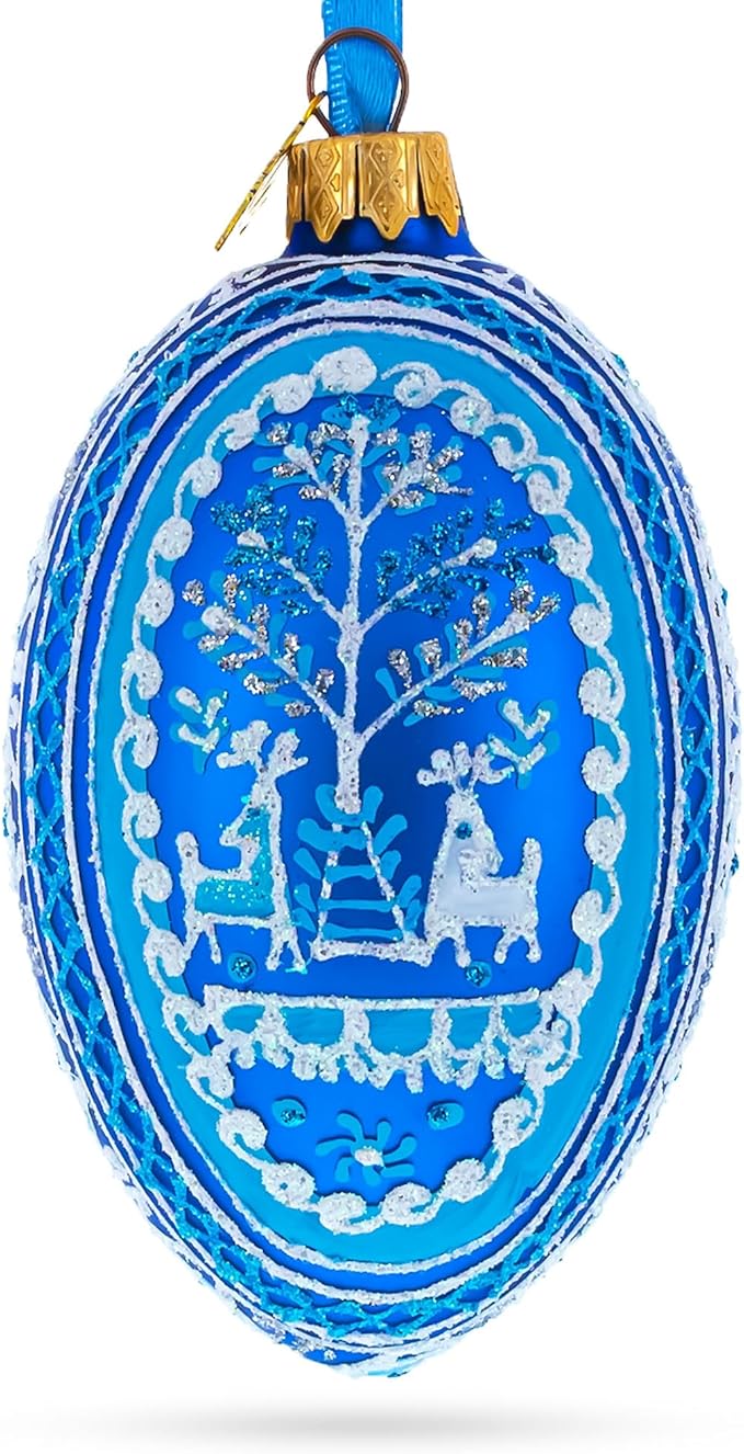 Two Deer in Forest Ukrainian Glass Egg Ornament 4 Inches
