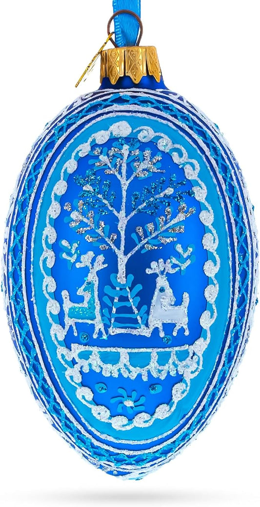 Two Deer in Forest Ukrainian Glass Egg Ornament 4 Inches