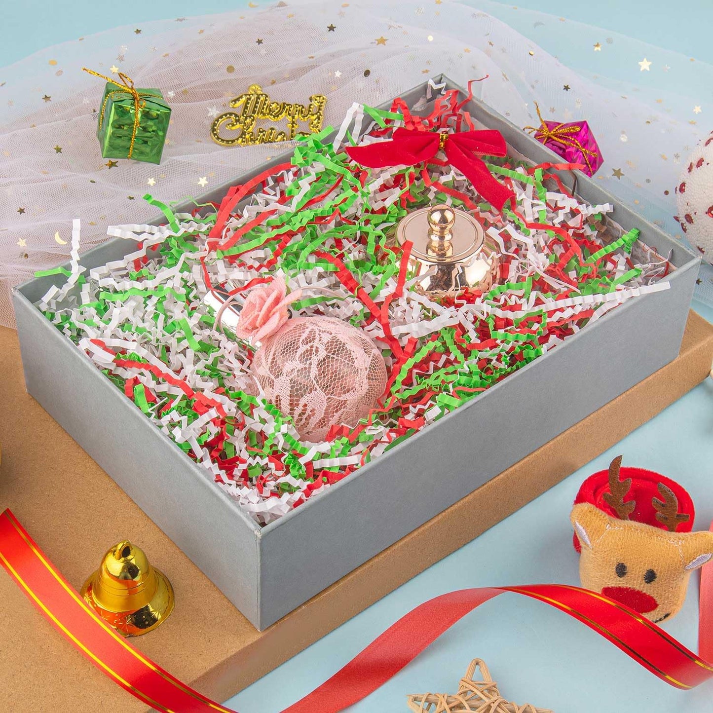 Caleihd Crinkle Cut Paper Grass Cushion Paper Streamer for Christmas Wedding Birthday Bridesmaid Engagement Craft Gift Boxes Bags Filler Decoration 4.5oz Red&Green&White