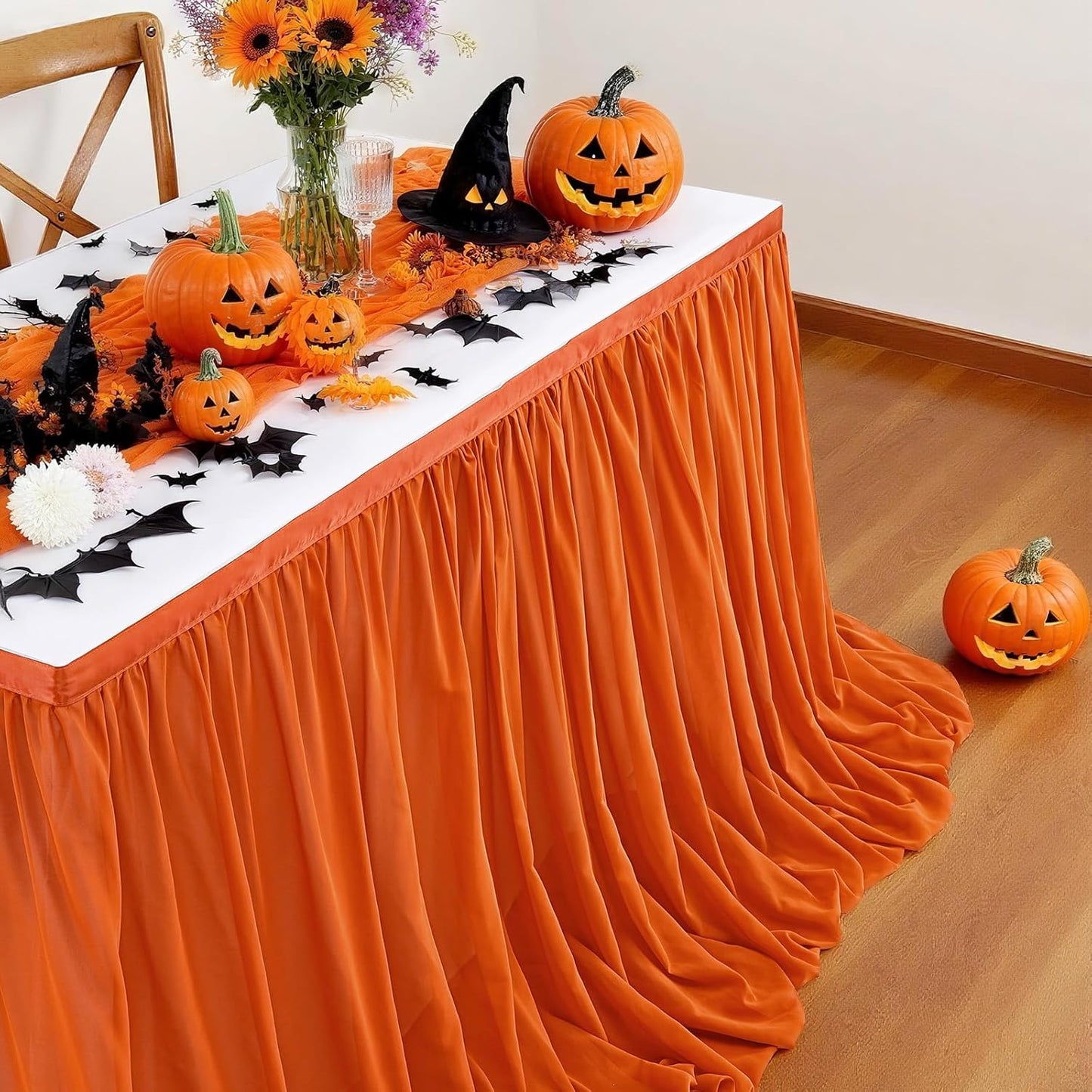QueenDream 14FT Terracotta Chiffon Table Skirt Skirt Sheer Rectangle Tablecloth for Bridal Baby Shower Birthday Party Halloween Decoration