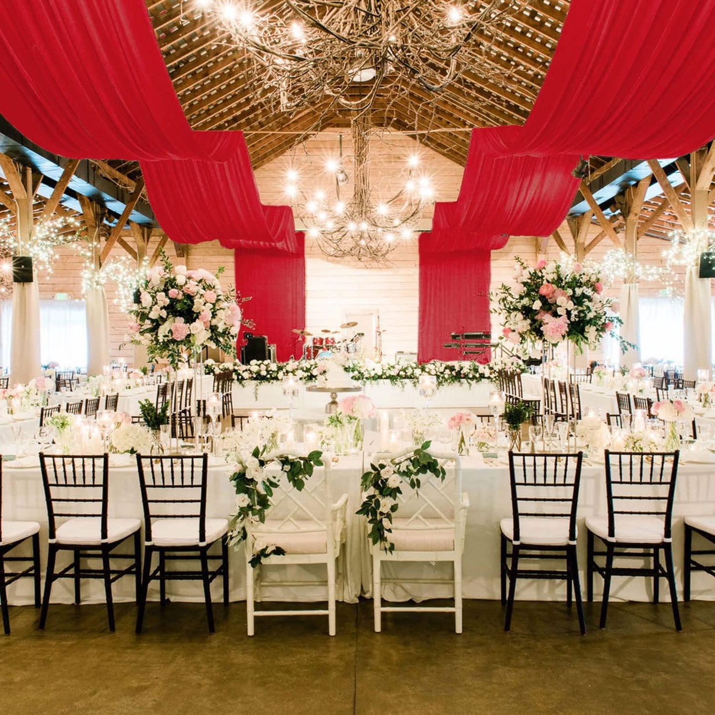 MODFUNS Red Ceiling Drapes for Parties Wedding Ceiling Drapery 2 Panels 5x20FT Chiffon Curtain for Backdrop Wedding Arch Draping Fabric for Ceremony Arbor Ceiling Curtains for Hall Stage Decorations