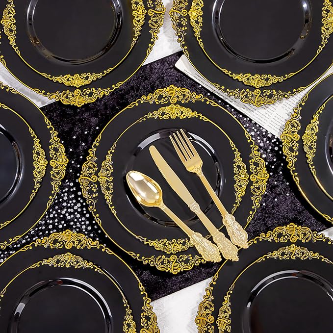 125PCS Black and Gold Plastic Plates - Black Disposable Dinnerware Set - Vintage Plastic Plates with Gold Silverware for 25 Guests for Wedding Party