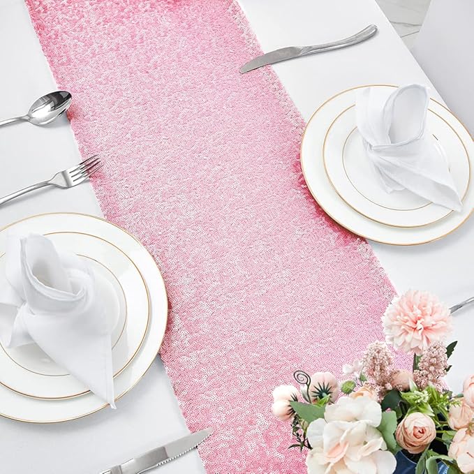 2 Packs 12 x 72 inches Pink Sequin Table Runner, Glitter Runner for Birthday Party Supplies Decorations Wedding Bachelorette Holiday Celebration Bridal Shower Baby Shower
