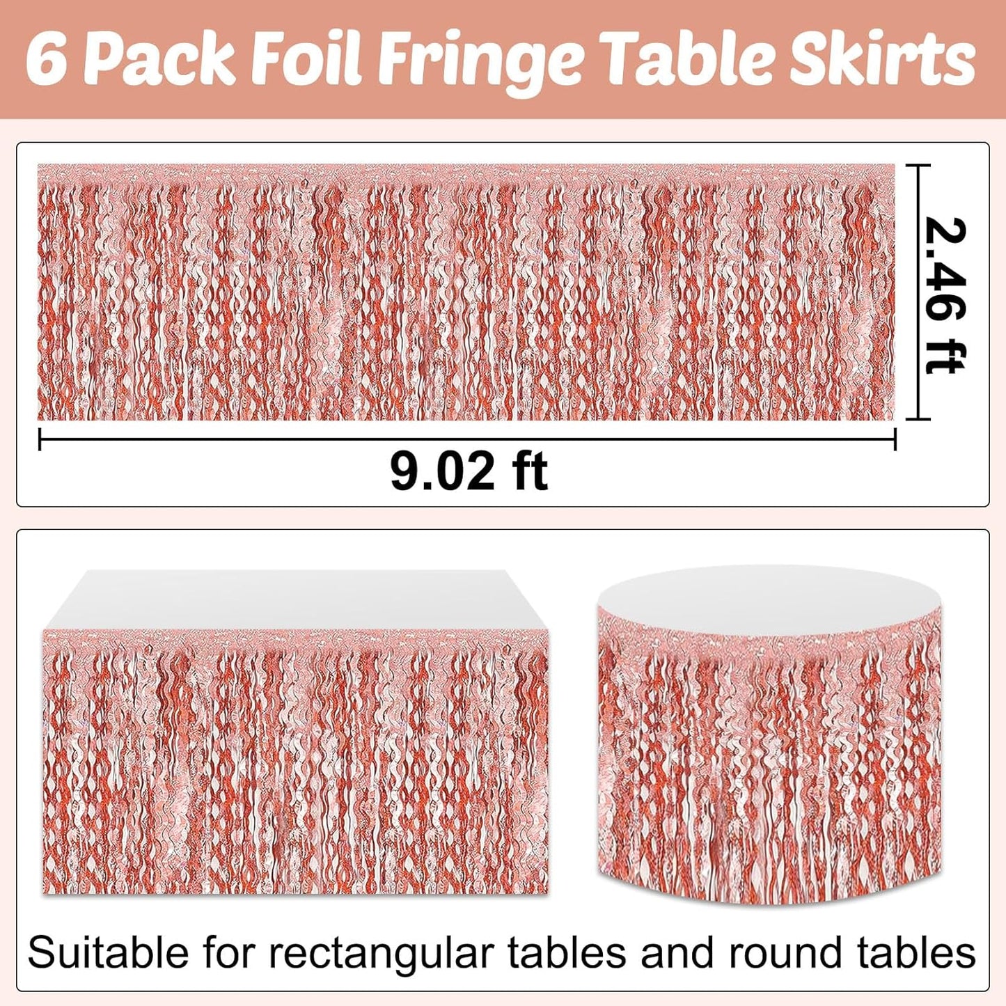 6 Pack 29x108 Inch Rose Gold Wave Foil Fringe Table Skirts Metallic Banner for Tinsel Streamer Garland Backdrop for Parade Floats Mother's, Graduate, Mardi Gras, Birthday, Wedding Party Decorations