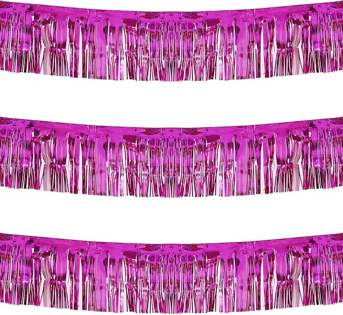 Thick 10 feet by 15 inches Fuchsia Foil Fringe Garland - Pack of 3 | Shiny Metallic Tassle Banner for Car Parade Floats, Wedding, Birthday | Wall Hanging Fringe Garland Banner (Fuchsia)