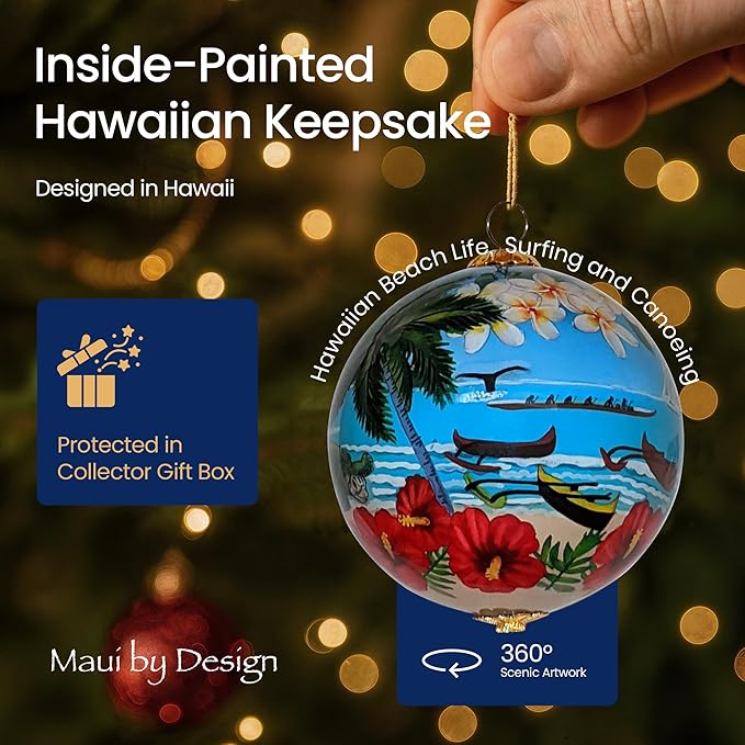 Maui Beach Life Collectible Hawaiian Ornament Hand-Painted Glass with Gift Box NB/M