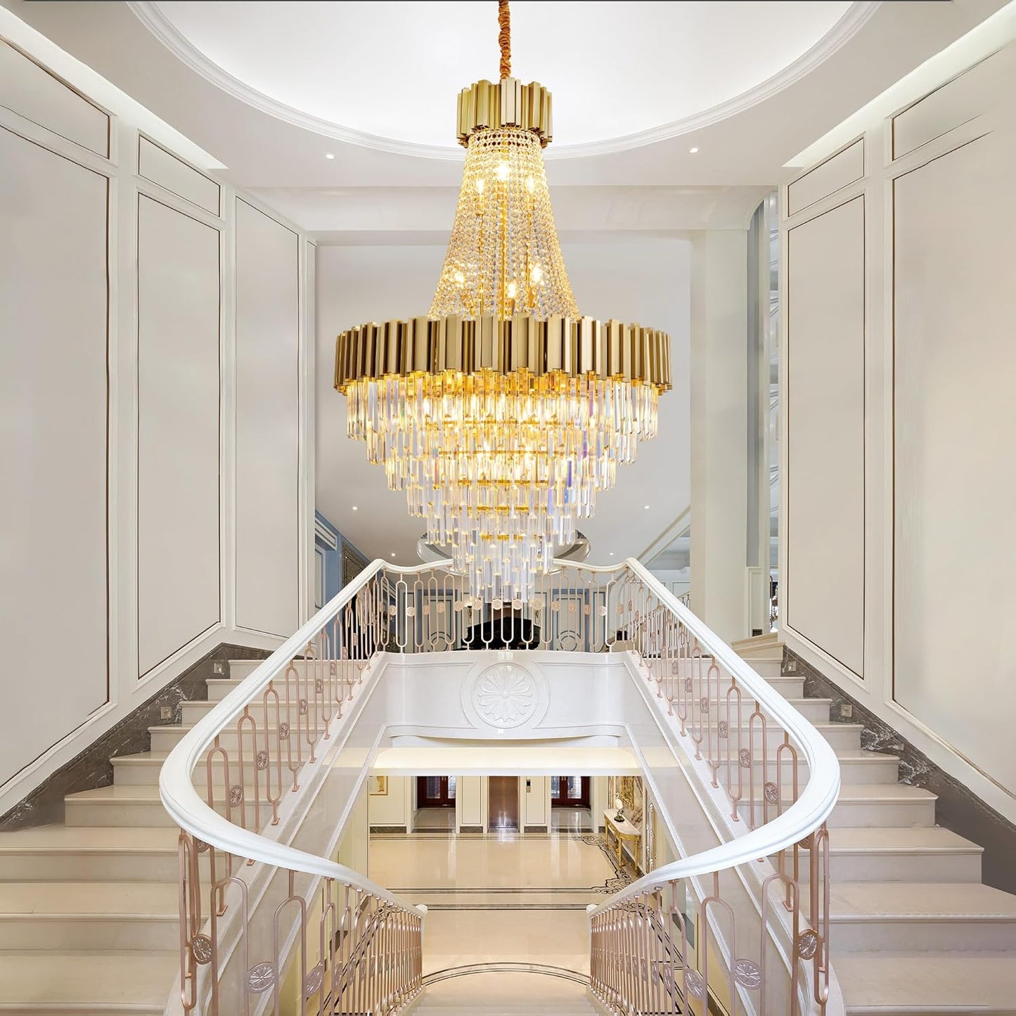 54" Luxury Long Crystal Chandelier for High Ceilings, 21-Light Modern Gold Large Chandeliers for Staircase, Foyer, Entryway, Living Room, Hallway, Contemporary K9 Crystal Tiered Chandelier