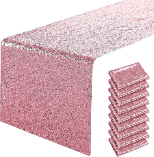 10 Packs 12 x 72 inches Light Pink Sequin Table Runner, Glitter Runner for Birthday Party Supplies Decorations Wedding Bachelorette Holiday Celebration Bridal Shower Baby Shower
