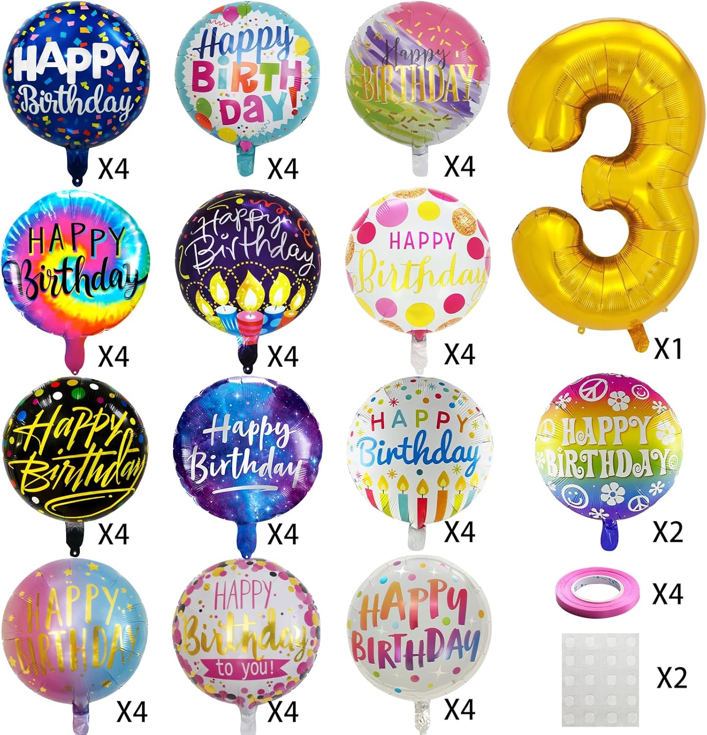 50 Pcs Happy Birthday Party Aluminum Foil Balloons and 3th Birthday Decorations, 18 Inch Round With Sign for Boys/Girls (3)