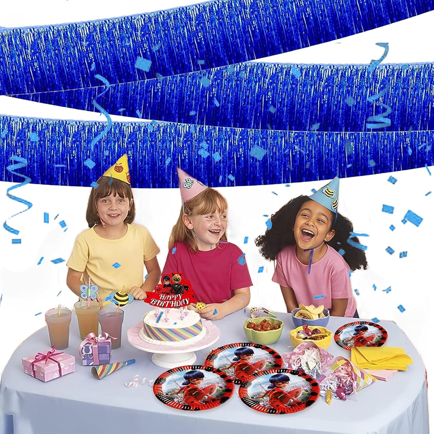 Blue Foil Fringe Garland 10FT 6packs, Metallic Foil Tinsel Fringe Banners for Parade Float Decorations Wedding, Birthday Party Graduation (six Blue)