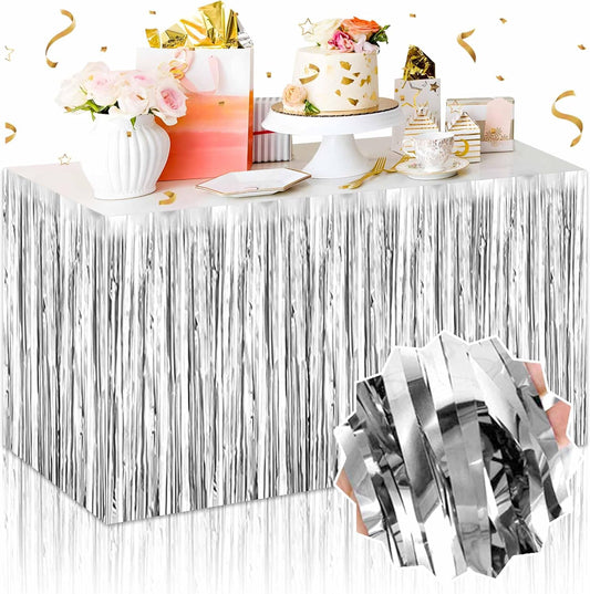 3 Pack 29 x108 Inch Silver Foil Fringe Table Skirts Metallic Banner for Tinsel Streamer Garland Backdrop for Parade Floats Mother's Day, Graduate, Birthday, Wedding Party Decoration