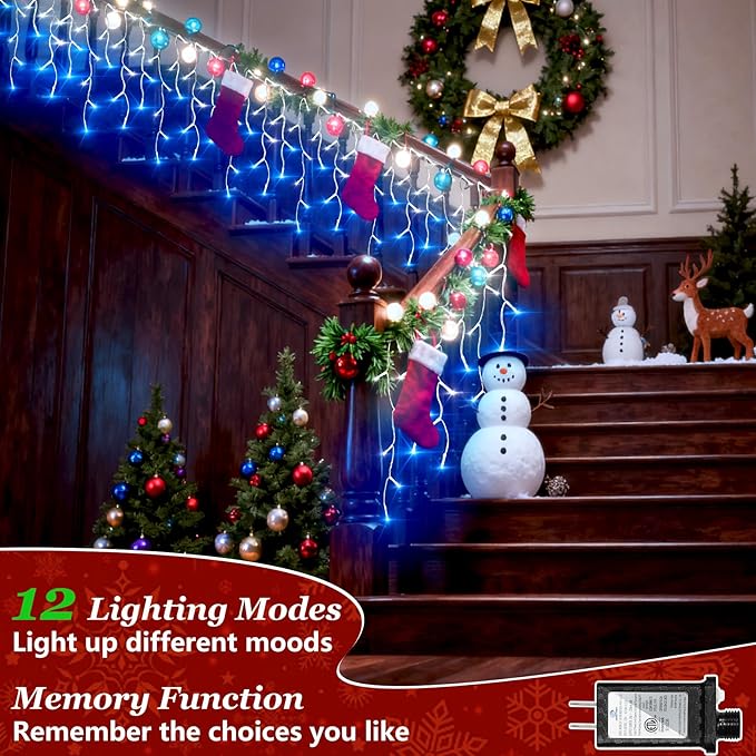 504 LED Fairy lights for Bedroom, 50ft Christmas Window Lights with 112 Drops 12 Modes, Dimmable Curtain Lights, String Lights Indoor Outdoor for Holiday Wedding Party Home Decorations, Blue & White