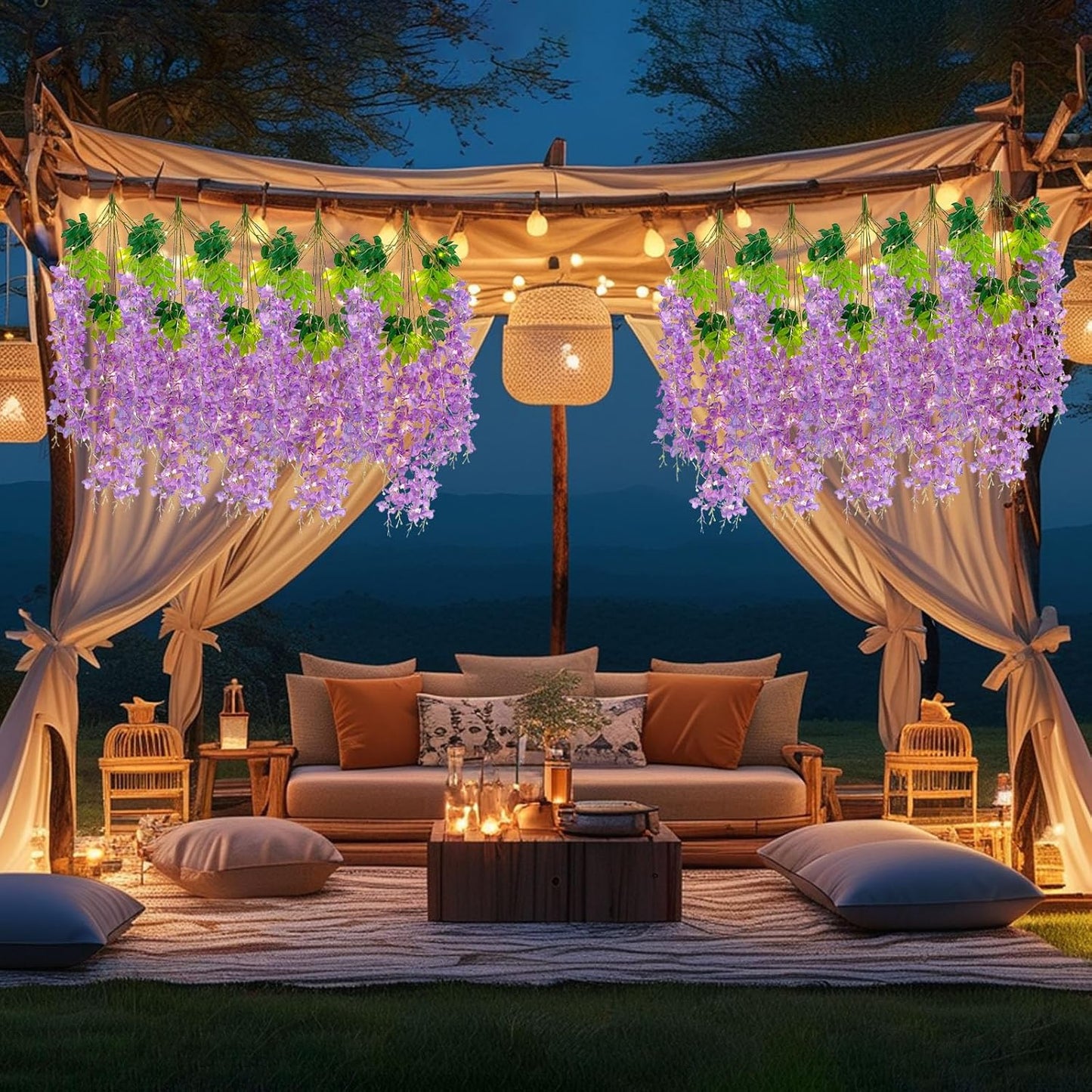 12 Pack Light Purple Wisteria Hanging Flowers Garland with Lights, 3.44 Feet Artificial Flower Vines, Fake Wisteria, Artificial Vines Hanging Garland for Backdrop Outdoor Patio Garden Decor