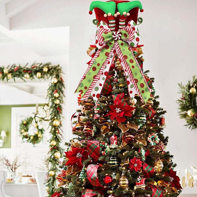 Christmas Tree Topper Hat with Bow, Velvet Top Hat Ornament with Elf Legs and Red & Green Wired Bows, Winter Holidays Xmas Decor for Home Decoration (Red)