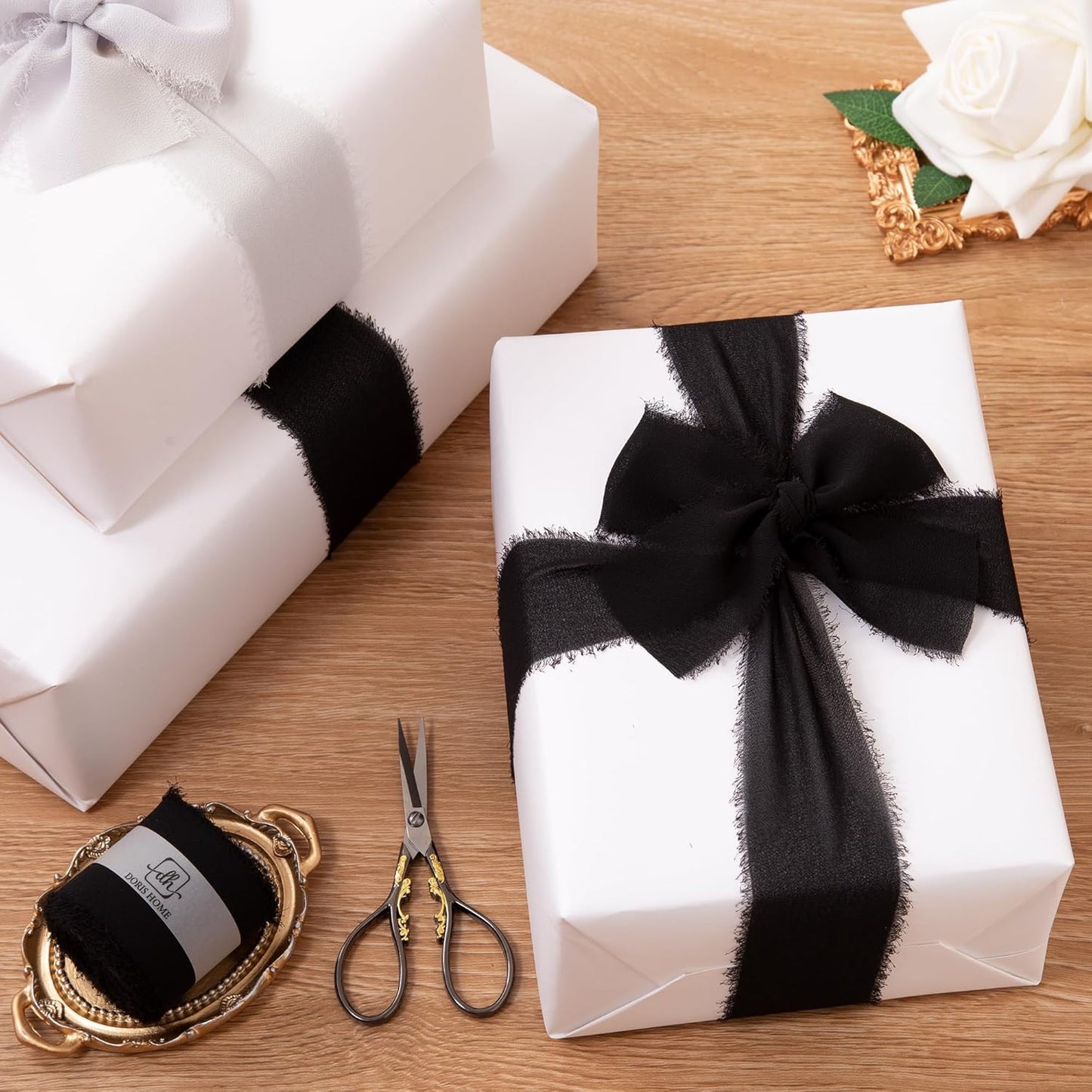 DORIS HOME Black Chiffon Ribbon for Flower Bouquet, 2" x21Yd Fabric Ribbon for Gift Wrapping, Handmade Frayed Ribbon for Wedding/Christmas Decorations