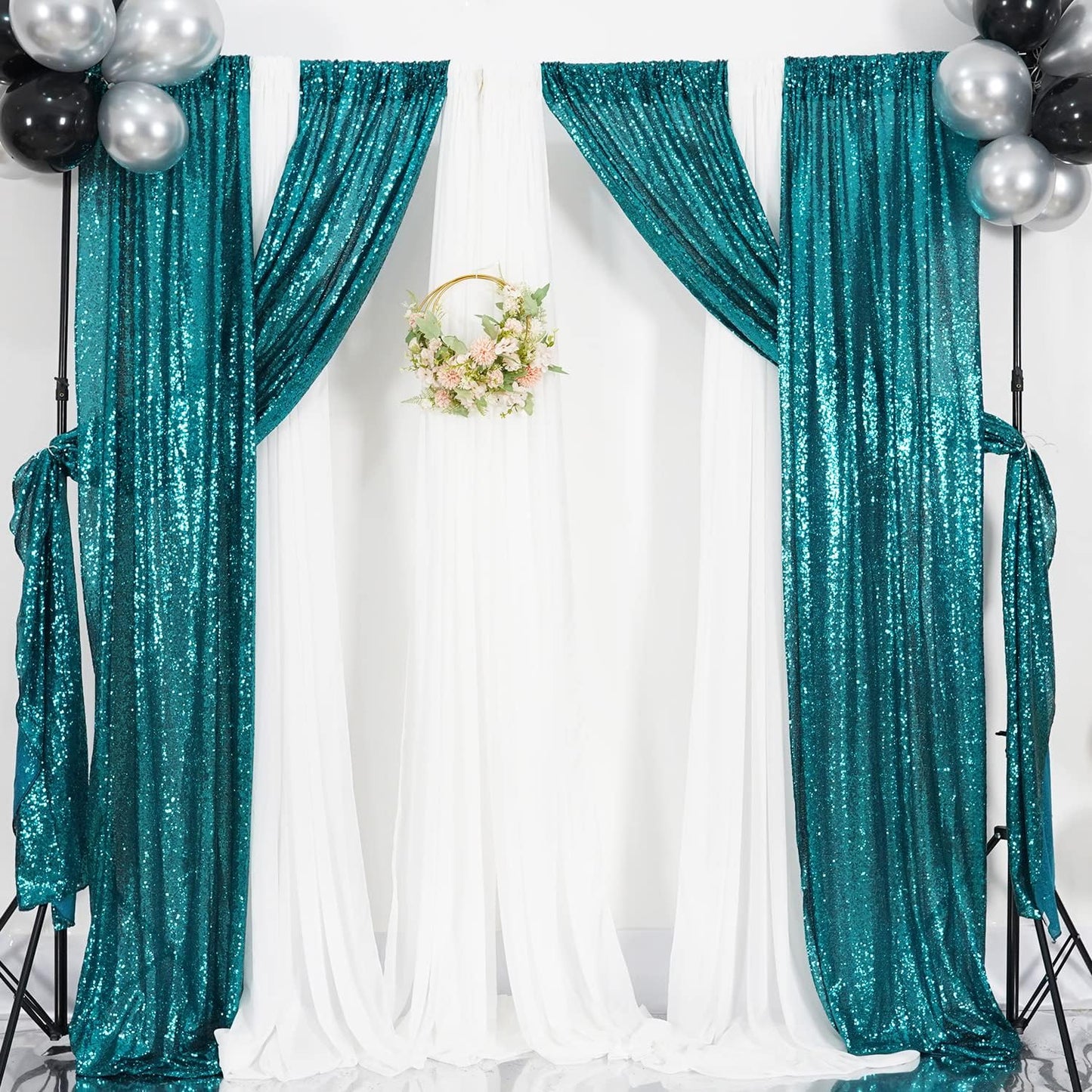 Poise3EHome 2ft x 8ft Teal Sequin Backdrop Curtains 2 Panels for Photography Party Decoration, Teal