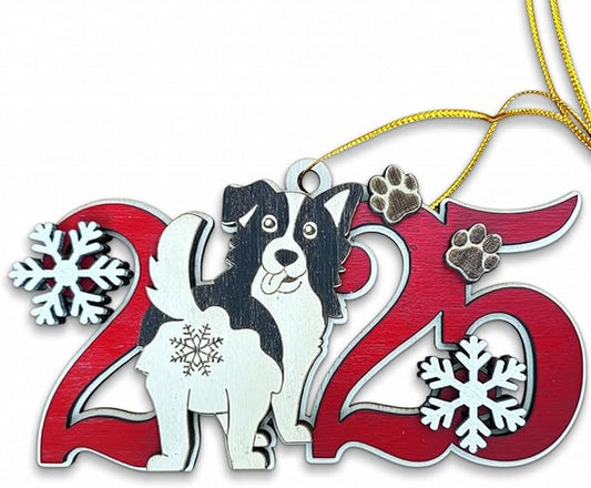 Border Collie 2025 Christmas Ornament – Wooden Dog Tree Decoration with Snowflakes & Paw Prints for Border Collie Lovers, Pet Owner Christmas Décor