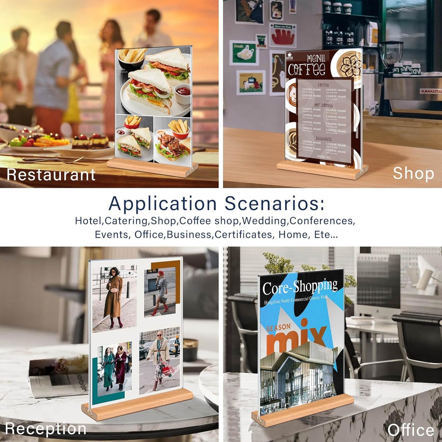 Kersally Acrylic Sign Holder 4 x 6, 3 Pack Double-Sided Clear Table Display Stands with Wood Base,Vertical Acrylic Frame Menu Flyer Paper Holder for Stores, Restaurants, Hotels, Office, Show Fair