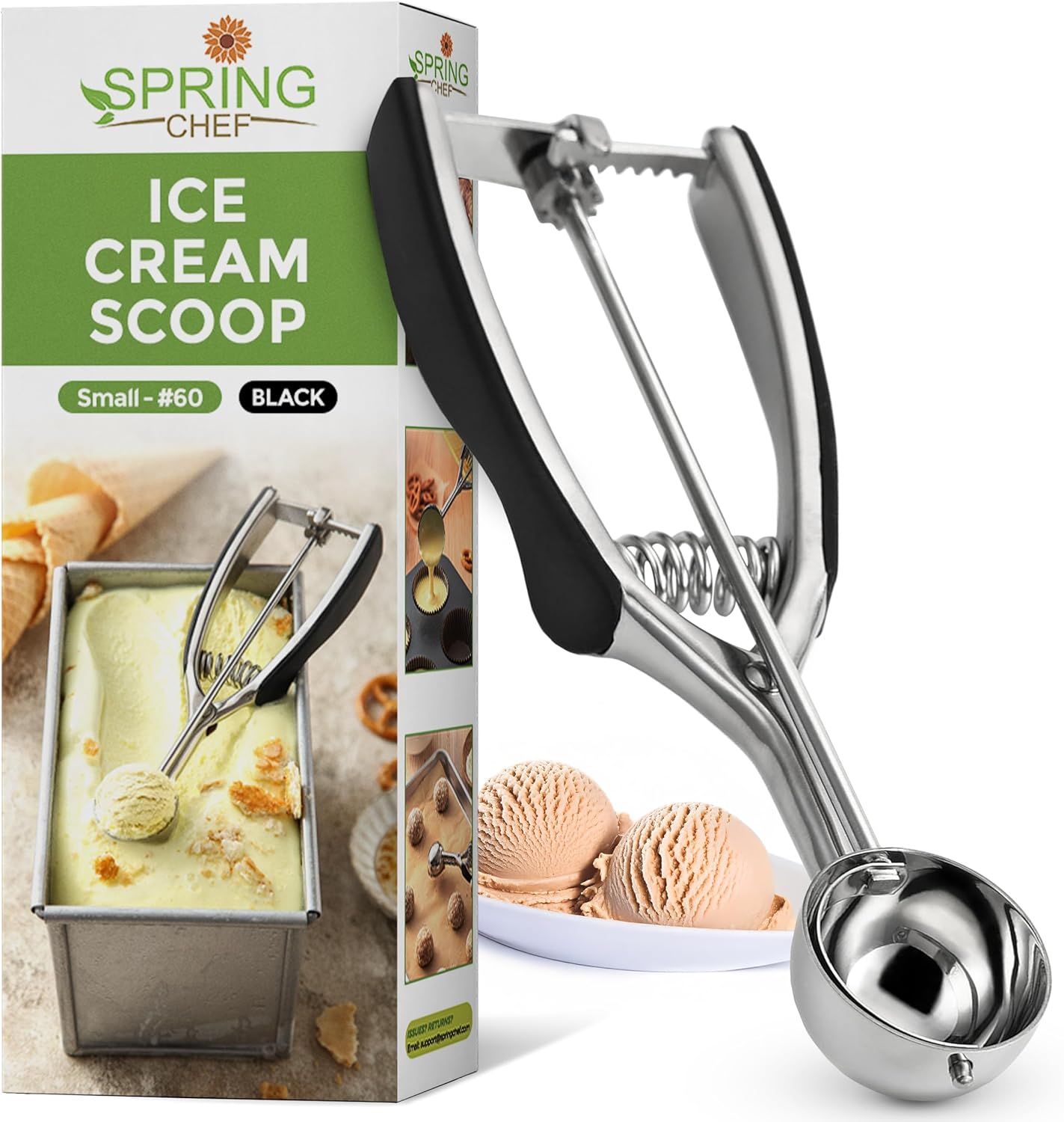 Spring Chef Small 1 Tablespoon Stainless Steel Cookie Scoop for Baking - Multifunctional #60 Cookie Dough Scoop with Trigger Release - Kitchen Scooper for Food - Dishwasher Safe Melon Baller - Black