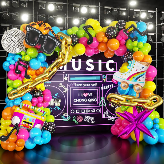 90s 80s Disco Theme Party Decorations, 171Pcs Balloon Arch Kit with Retro Disco Ball Radio Glasses Roller Skate Musical Note Chain Star Foil Balloons for Back to 90s 80s Hip Hop Birthday Supplies