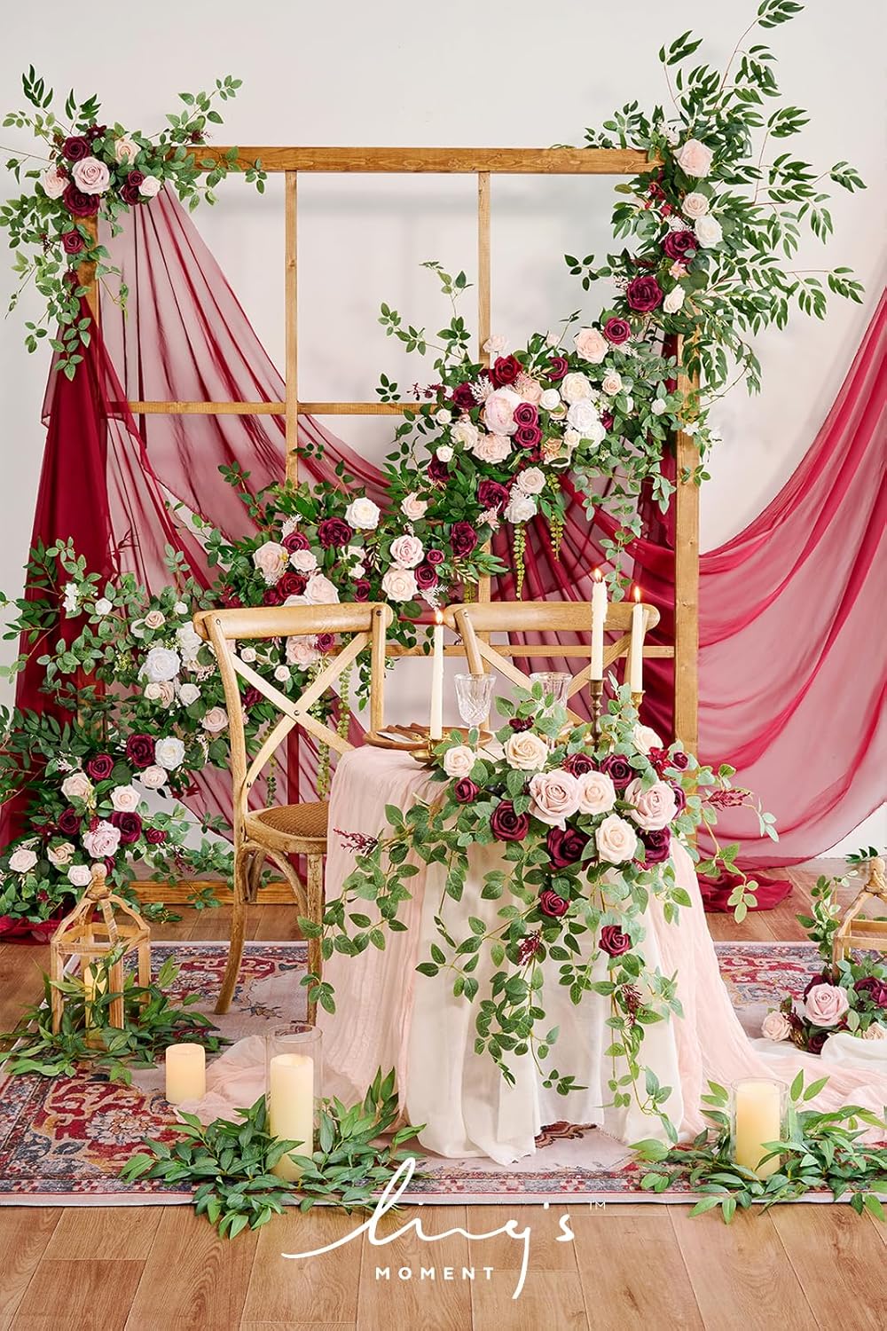Ling's Moment 9FT Spring Flower Garland - Wedding Arch Flowers, Eucalyptus & Rose, Artificial Floral Garland for Mantle - Sweetheart Table Decor for Reception, Backdrop Decorations, Marsala