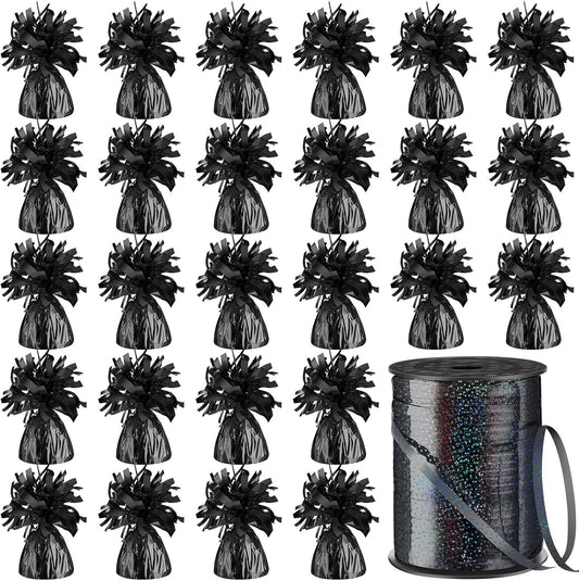 24 Pcs Balloon Weights Metallic Anchor Balloon Holder for Helium Balloons Heavy Table Weights and 1 Roll Iridescent Crimped Ribbon for Birthday Wedding Halloween Christmas Party(Black)