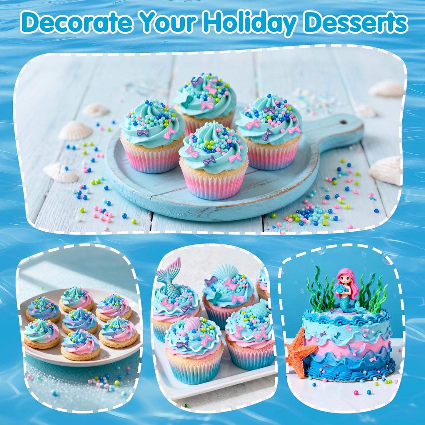 Mermaid Sprinkles, Edible Pearl Sprinkle for Cake Decorating,130g/4.58oz, Blue Green Purple Pearls Mix Baking Candy, Ocean Theme Cake Topper Cupcake Cookie Ice Cream Decorations, Birthday Children's Summer Party Supplies