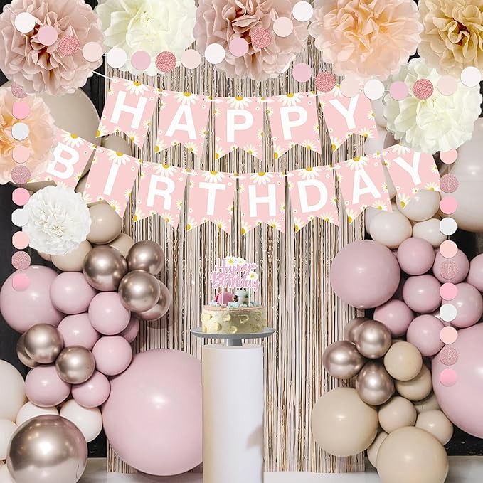 Blush Beige Birthday Decoration for Women Girls with Daisy Flower Happy Banner, Boho Dusty Pink Paper Pom Poms, White Sand Pink Gold Balloons Set And Fringe Curtain, Fall Birthday Theme Party Décor