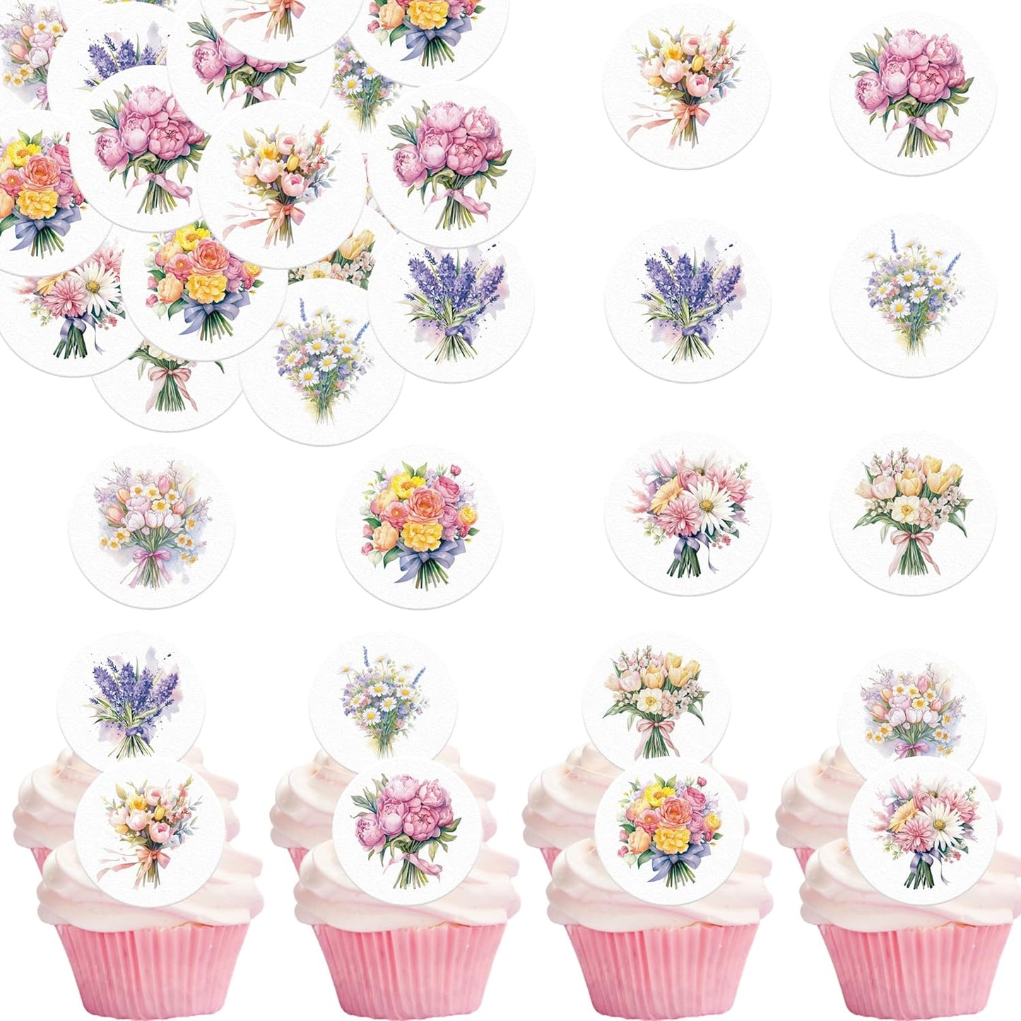 36PCS Edible Flower Bouquet Cupcake Toppers Wafer Paper Roses Daisy Lavender Flower Bouquet Decorations Flower Theme Party Birthday Baby Shower Party Supplie