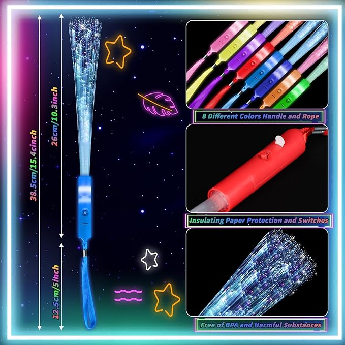128 Pack Multicolor Fiber Optic Wand Glow Wand LED Light Up Wand Bulk with 3 Flashing Models Flashing Sticks for Glow in The Dark Birthday Party Favor Wedding Halloween Christmas, 8 Colors