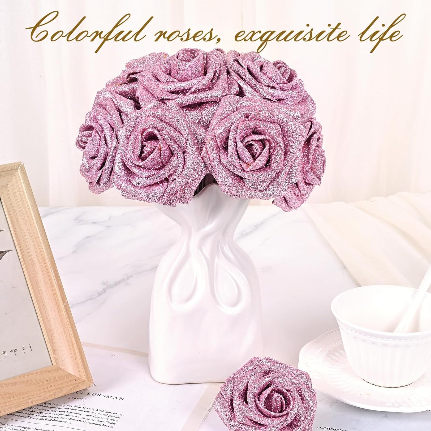 BLEUM CADE 36Pcs Artificial Flowers Fake Roses with Stems, Pink Glitter Boxed Foam Roses for DIY Bouquets Centerpieces Wedding Party Arrangement Bridal Shower Decor