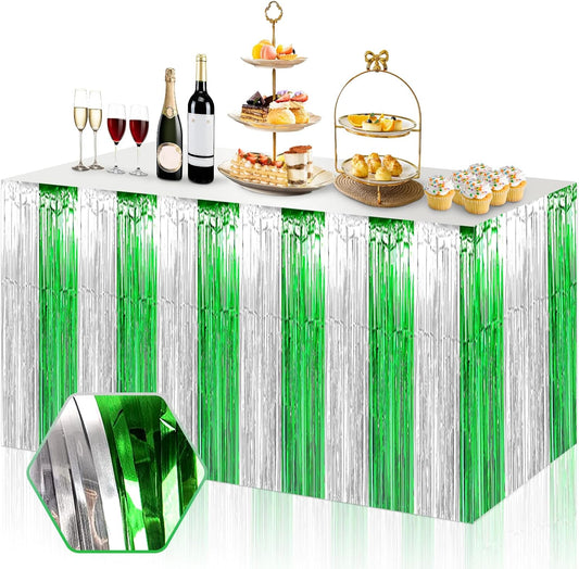 3 Pack 29x108 Inch Silver Green Foil Fringe Table Skirts Metallic Banner for Tinsel Streamer Garland Backdrop for Parade Floats Wedding Thanksgiving Birthday Christmas Halloween Party Decoration