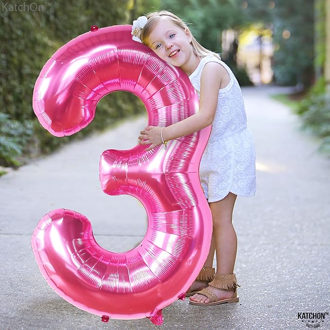KatchOn, Giant Hot Pink Number 3 Balloon - 40 Inch | Number 3 Foil Balloon | 3rd Pink Birthday Decorations for Girls | 3rd Anniversary Decorations | Pink Party Decorations