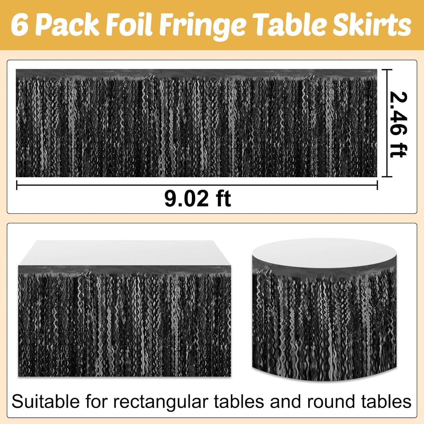 6 Pack 29x108 Inch Black Wave Foil Fringe Table Skirts Metallic Banner for Tinsel Streamer Garland Backdrop for Parade Floats Wedding, Mother's Day, Birthday Mardi Gras Party Decorations