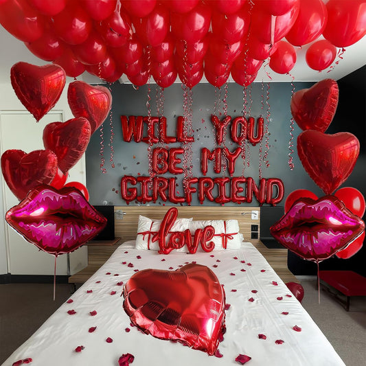 16 Inches Red 'WILL YOU BE MY GIRLFRIEND' Confession Letter Balloons with red balloons,Heart-Shape, lips, love Foil Balloons and Rose Petals for Romantic Special Night Decorations and Valentines Day