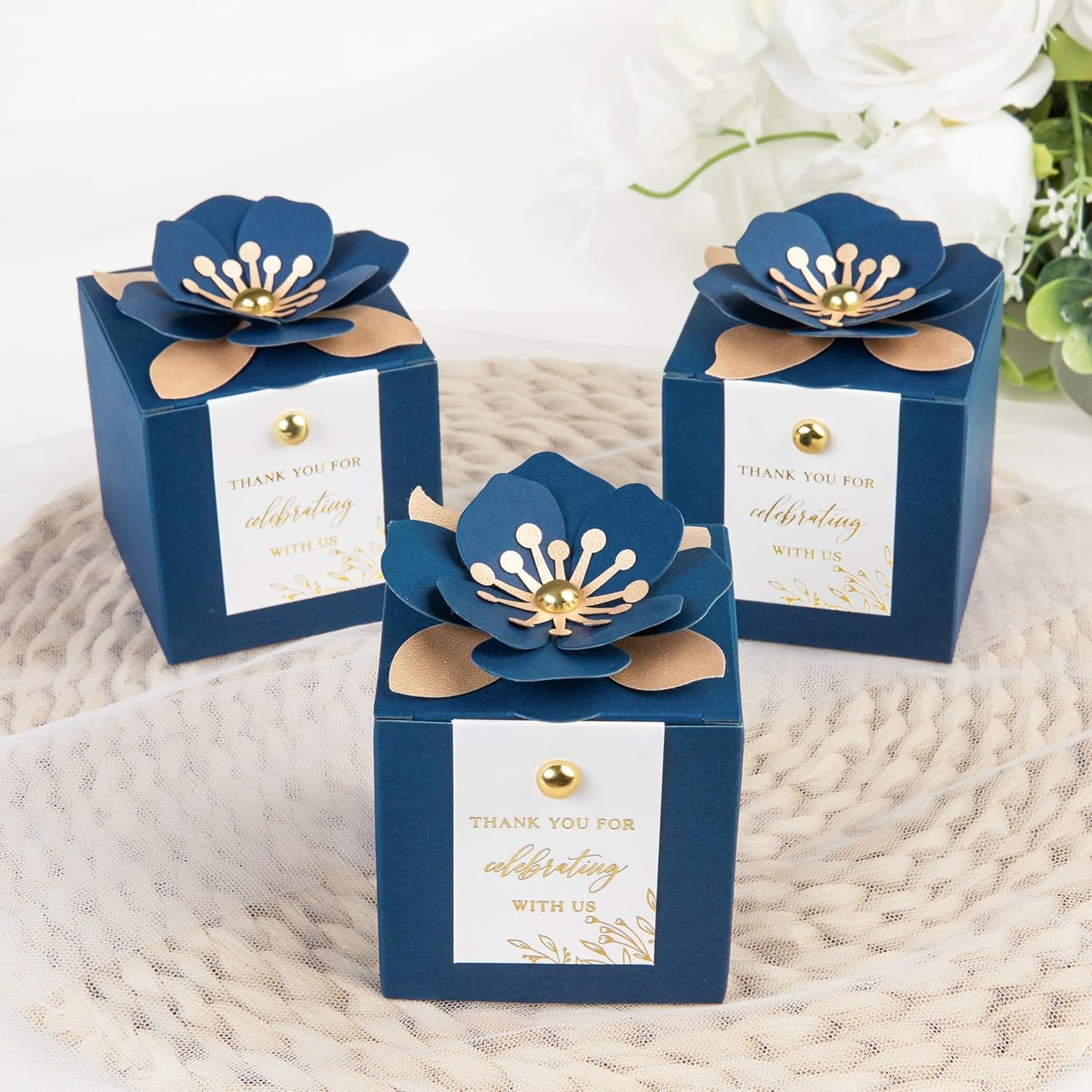 FEIYI 20 PCS Favor Boxes, 3 In 1 Navy Blue Candy Boxes with Floral Decor, White Thank You Tags Gold Foil Print Gift wrapping for Wedding, Baby Shower, Birthday, Decorations Party - 2.55x2.55x2.55