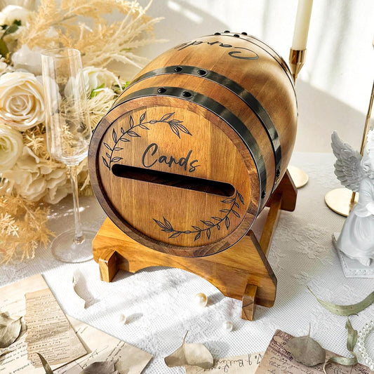 OurWarm Wooden Wedding Card Box for Party with Base, Brown Whiskey Barrel Gift Card Box Holder for Cards Envelops and Money, Rustic Wedding Decor for Graduation Baby Shower Birthday Party