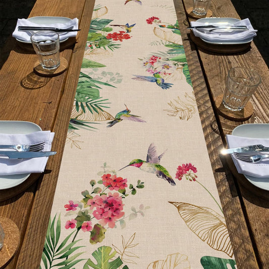 Seliem Summer Tropical Hummingbird Palm Leaf Greenery Table Runner, Spring Birds Home Kitchen Monstera Geranium Flowers Dining Decor, Seasonal Burlap Decorations Anniversary Party Supply 13 x 90 Inch