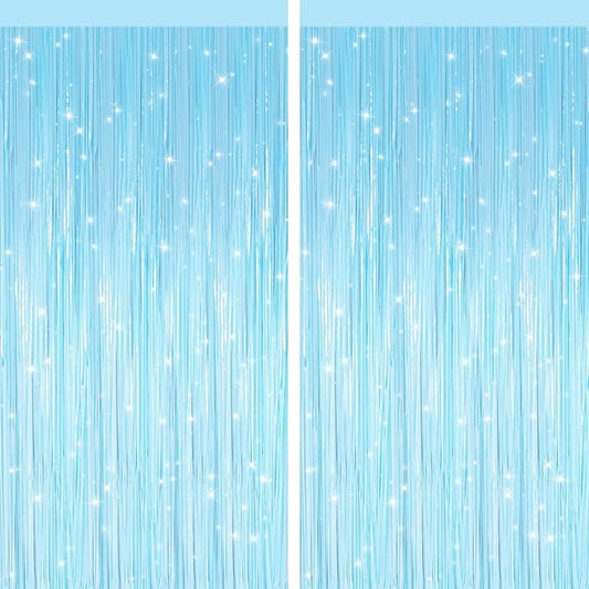2 Pack Macaron Light Blue Metallic Tinsel Foil Fringe Curtains, Door Streamers Photo Booth Backdrop for Birthday Party, Tinsel Curtain Backdrop for Baby Shower Bachelorette Christmas Party Decorations