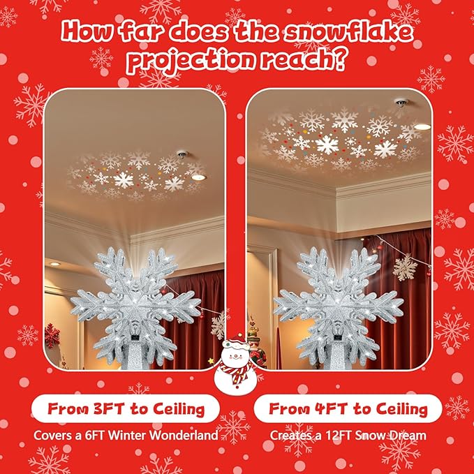 Christmas Tree Topper Lighted with Snowflake Projector, LED Rotating Snowflake, 3D Glitter Lighted Tree Topper for Christmas Tree, Hollow Design, Christmas Tree Decor for Home Office Indoor, Silver