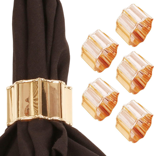 Finely Handcrafted Brass Base Beautiful Faceted Pattern Large Size Party Dining Table Napkin Holders in Gold Tone. (Set of 6).