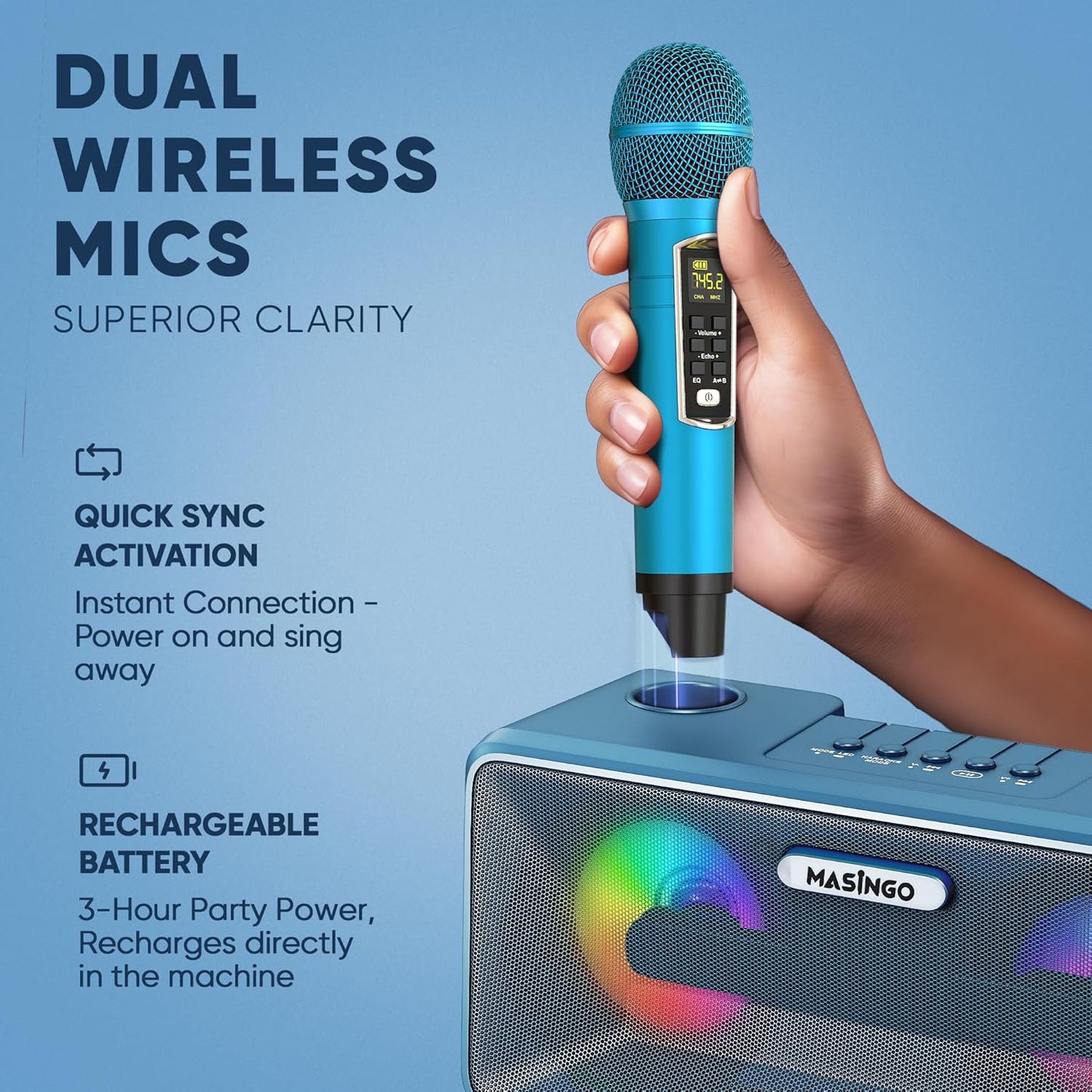 MASINGO Karaoke Machine for Adults and Kids with 2 Wireless Microphones, Portable Bluetooth Singing Speaker, Colorful LED Lights, PA System, Lyrics Display Phone Holder, and TV Cable. Presto G2