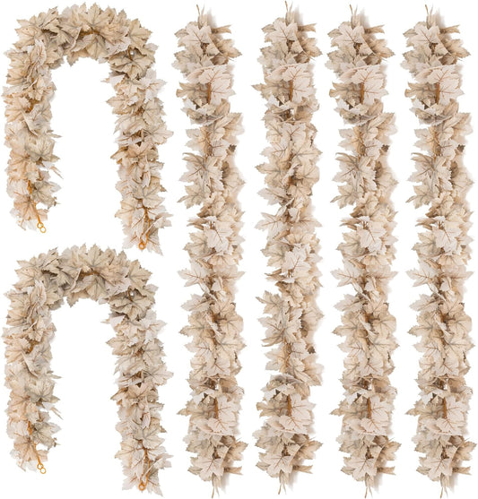 6PCS Beige Fall Maple Leaves Garland, 5.6Ft Artificial Maple Leaf Autumn Garland Hanging Fall Vines Table Decorations Front Door Fall Decor Thanksgiving Decorations Decor Outside Indoor Decor