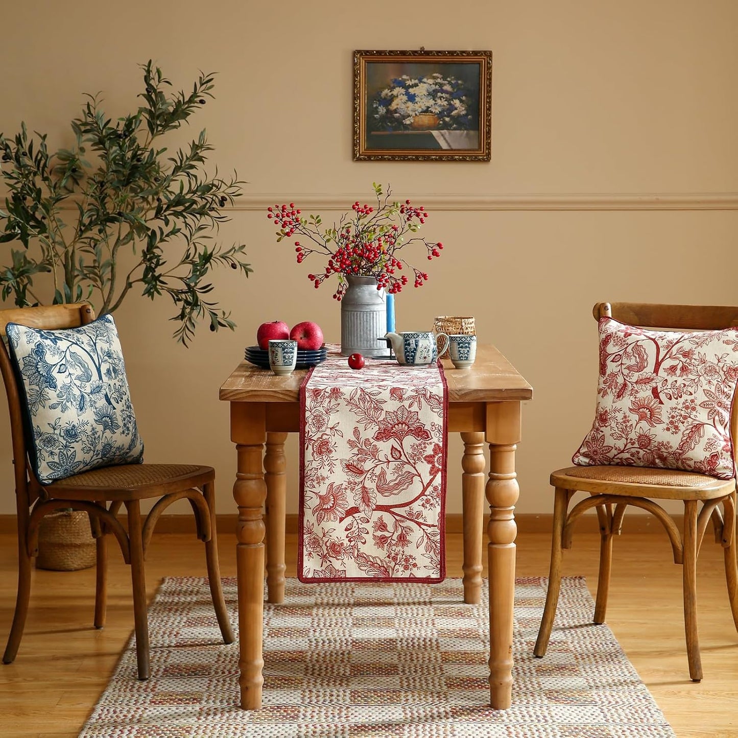 ISAENNE Designer Chinoiserie Elegant Linen Table Runner 102 Inches Long,Red Floral Pattern Decor Table Runners for Thanksgiving,Dining Room,Banquet,Kitchen Tables,Christmas,12"*102"-Ruyi A