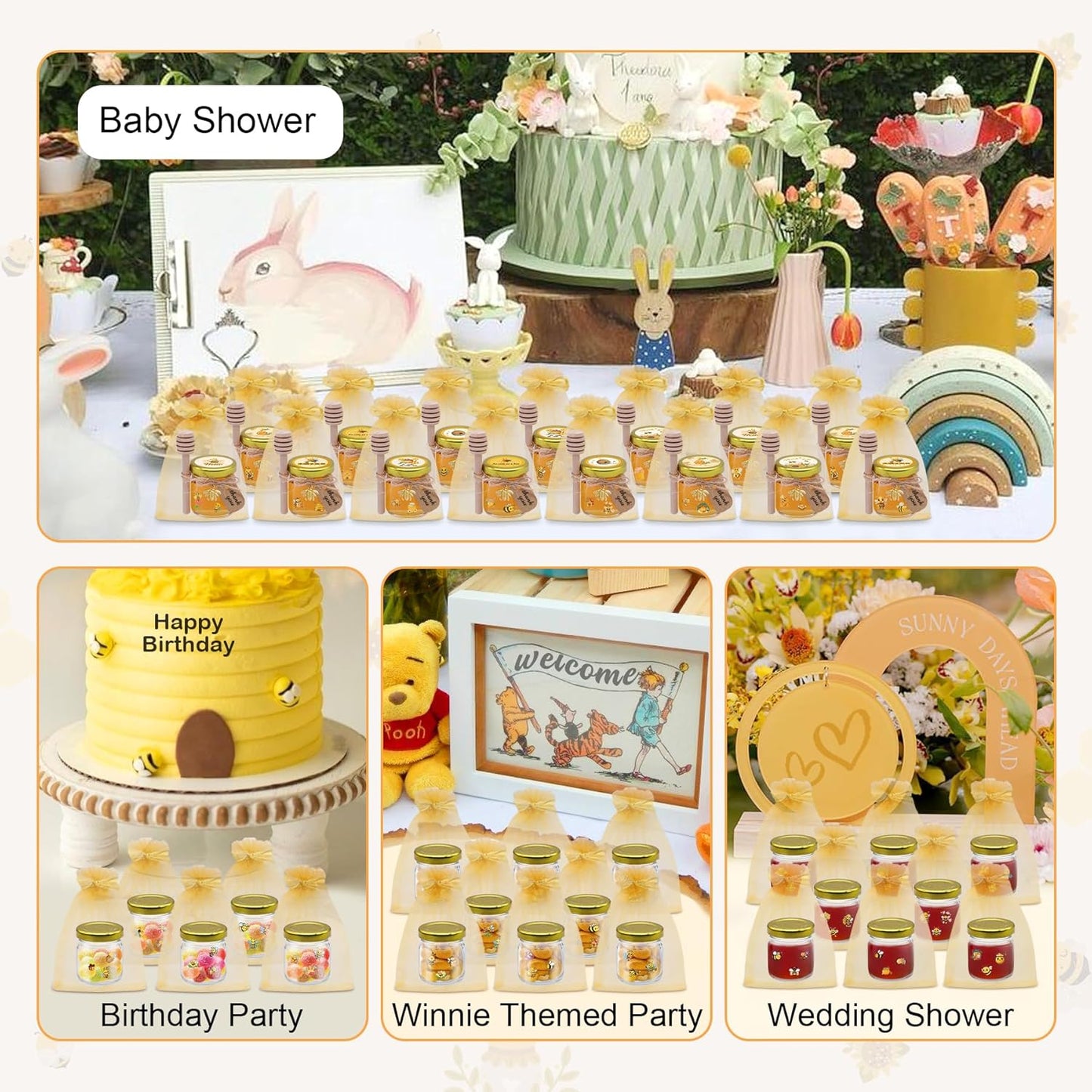 126 Pcs 1.5 oz Mini Round Glass Honey Jars with Dippers, Gold Lids, Bee Stickers, Bee Charms, Gift Bags & Jute– Empty Small Honey Jars for Party Favors Bulk, Ideal for Baby Showers ＆ Weddings