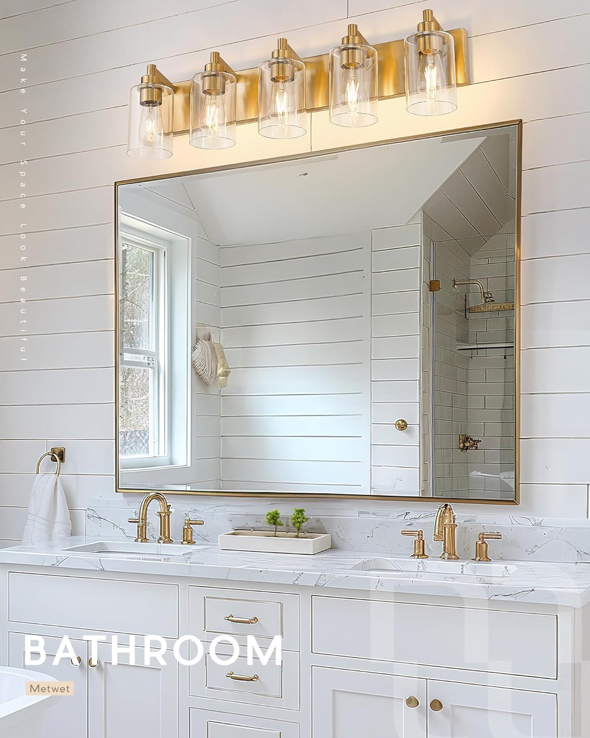 5-Light Bathroom Light Fixtures, 30 Inch Brushed Gold Vanity Light with Cylinder Clear Glass Shade, Modern Vanity Lighting Fixtures Over Mirror, VL143-BG-5