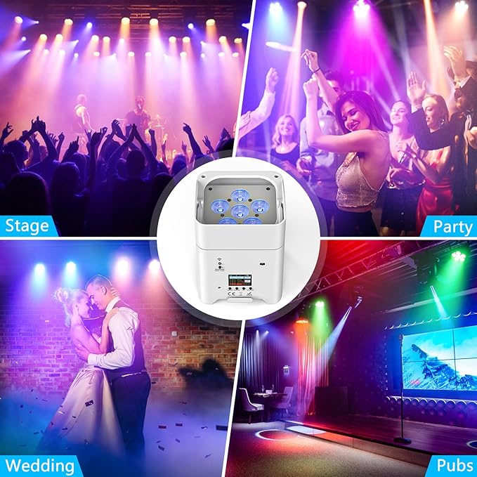Battery Powered Stage Lights, 9600mAh Rechargeable Par Can Lights 6x18W RGBWA+UV APP/Remote/DMX512/Sound Activated, Uplights for Events Party Wedding DJ Concert Christmas Dance White 4Pcs